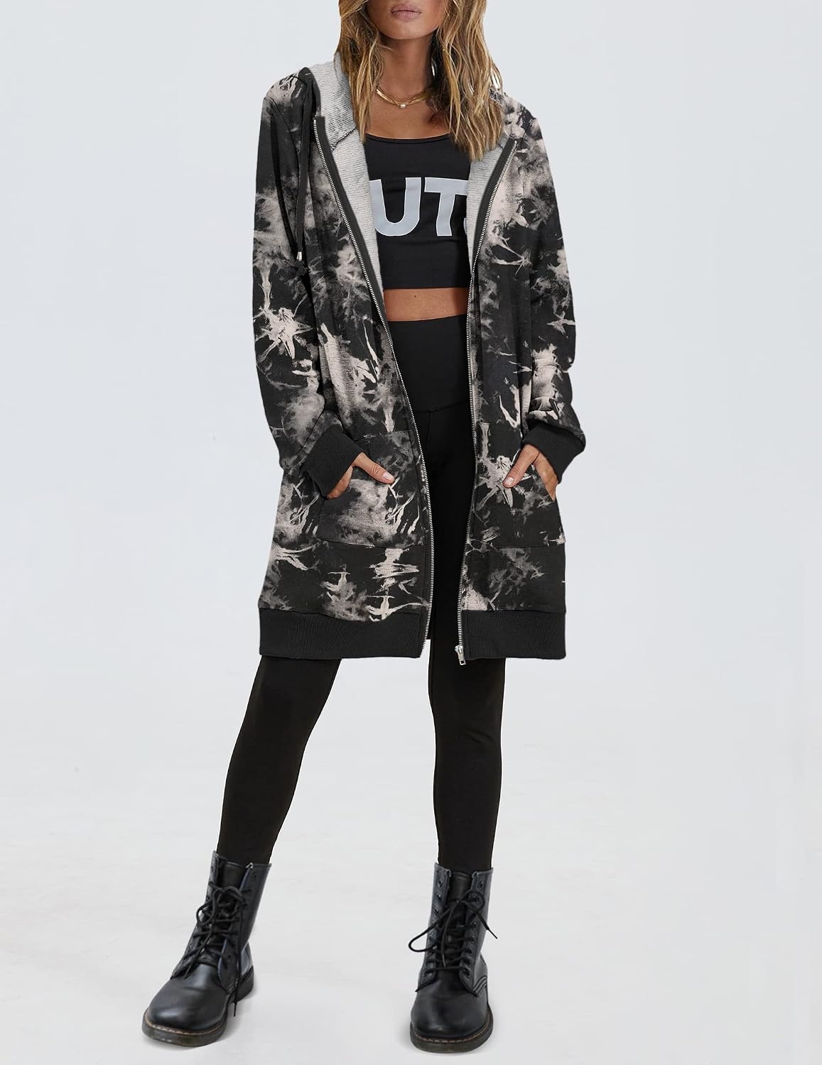 image:imageZeagoo Womens Zip Up Hoodies Long Tunic Sweatshirts Oversized Fleece Casual Long Sleeve 2026 Fall Hoodie Jacket CoatBlack Tie Dye Without Fleece