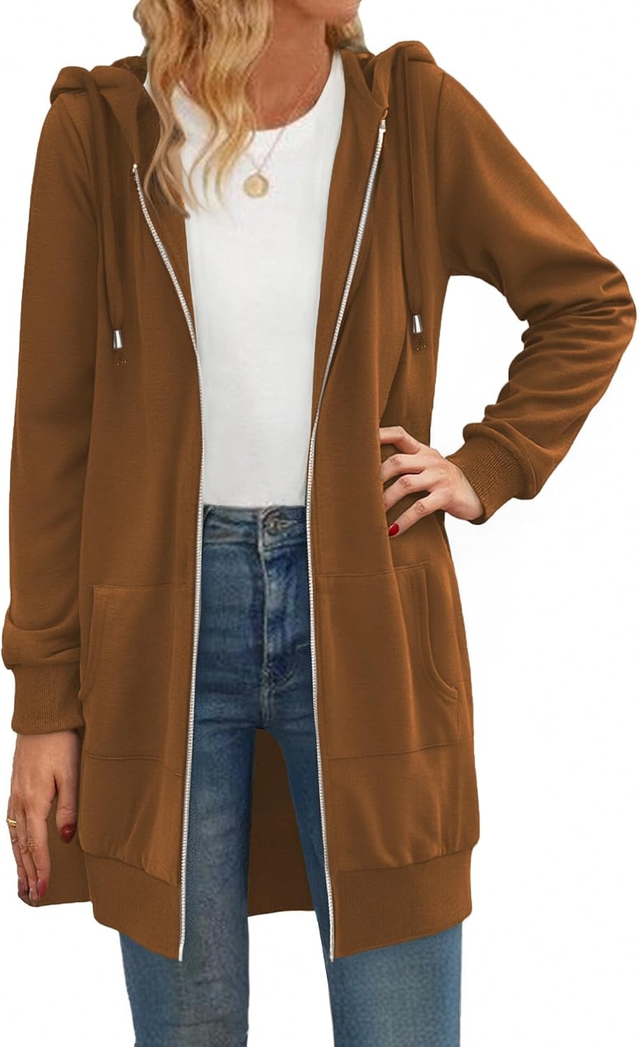 image:imageZeagoo Womens Zip Up Hoodies Long Tunic Sweatshirts Oversized Fleece Casual Long Sleeve 2026 Fall Hoodie Jacket CoatBrown