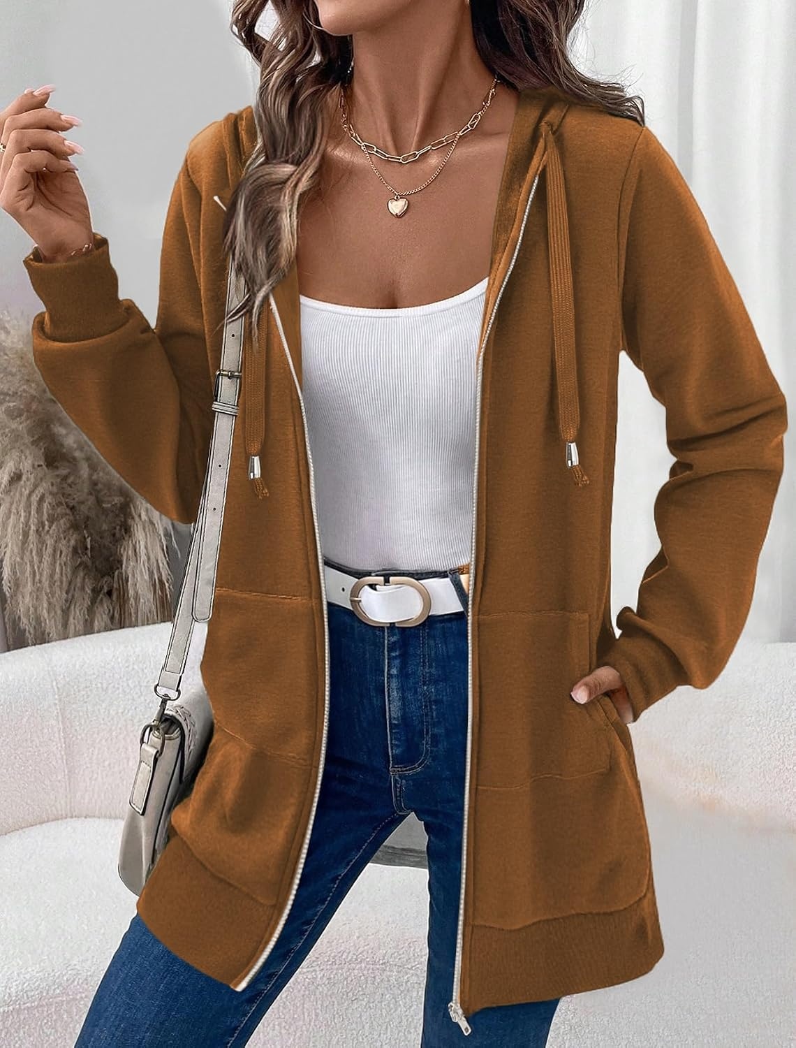 image:imageZeagoo Womens Zip Up Hoodies Long Tunic Sweatshirts Oversized Fleece Casual Long Sleeve 2026 Fall Hoodie Jacket CoatBrown