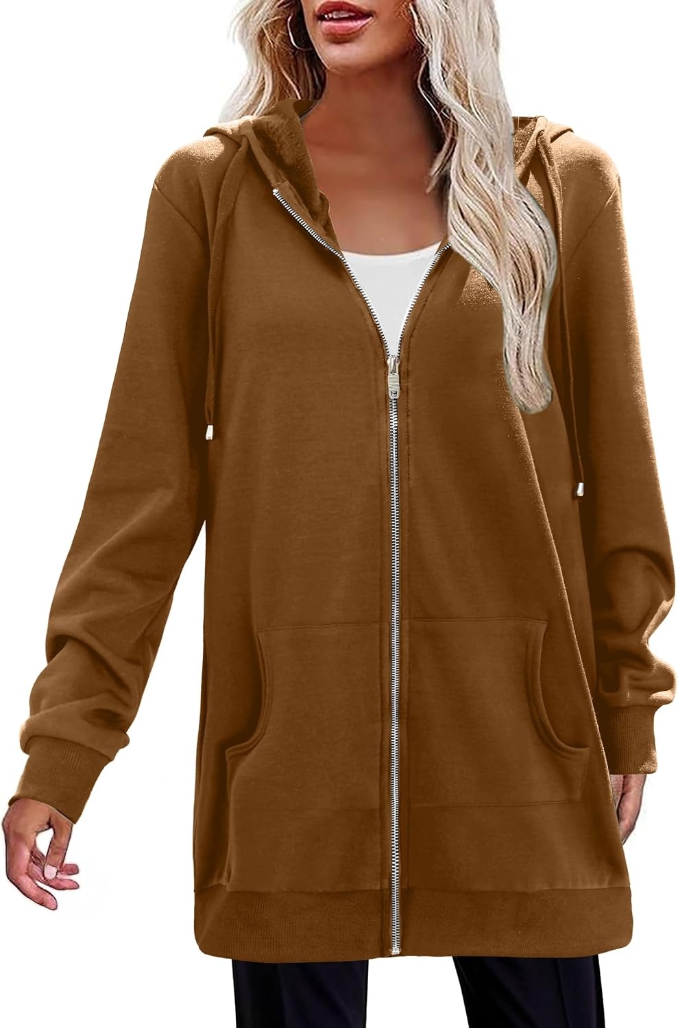image:imageZeagoo Womens Zip Up Hoodies Long Tunic Sweatshirts Oversized Fleece Casual Long Sleeve 2026 Fall Hoodie Jacket CoatBrown