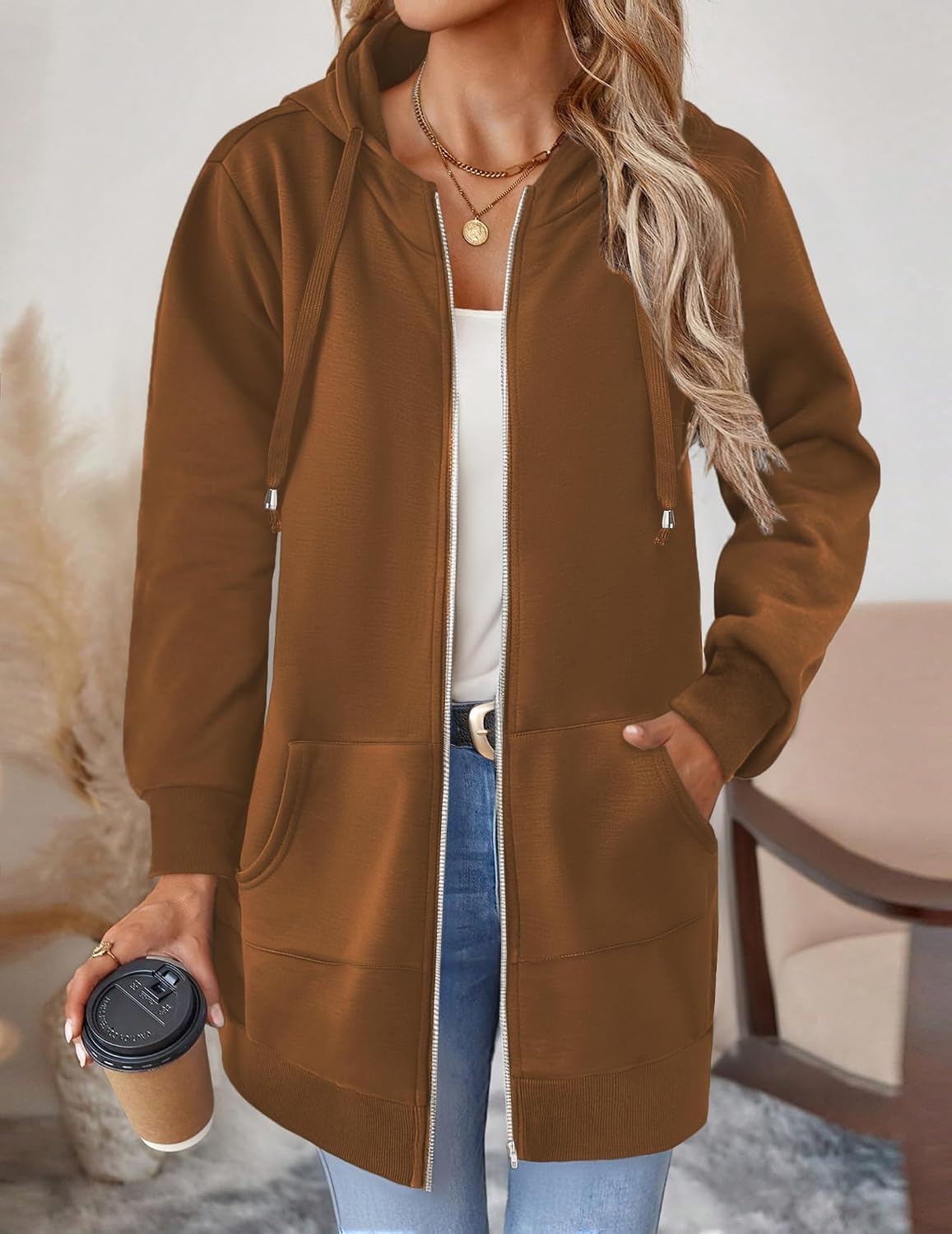 image:imageZeagoo Womens Zip Up Hoodies Long Tunic Sweatshirts Oversized Fleece Casual Long Sleeve 2026 Fall Hoodie Jacket CoatBrown