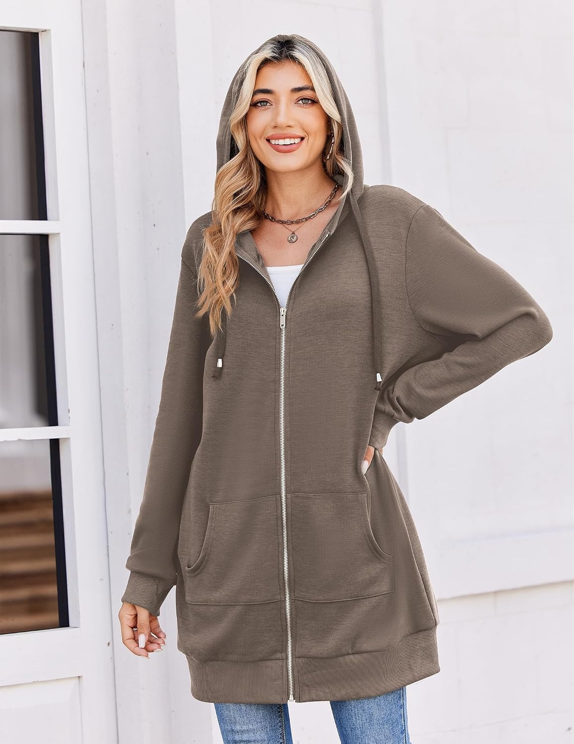 image:imageZeagoo Womens Zip Up Hoodies Long Tunic Sweatshirts Oversized Fleece Casual Long Sleeve 2026 Fall Hoodie Jacket CoatCoffeegrey