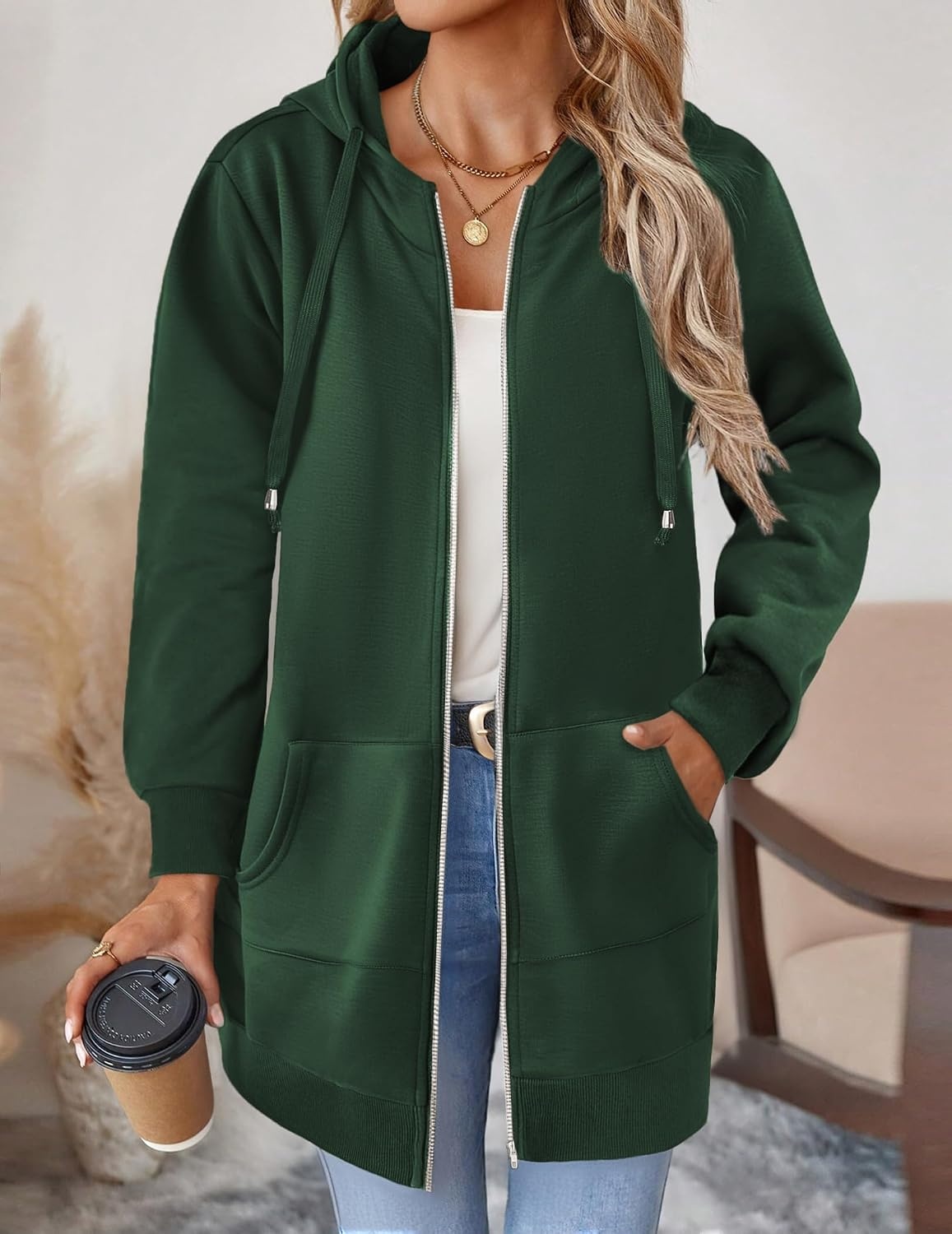 image:imageZeagoo Womens Zip Up Hoodies Long Tunic Sweatshirts Oversized Fleece Casual Long Sleeve 2026 Fall Hoodie Jacket CoatGreen