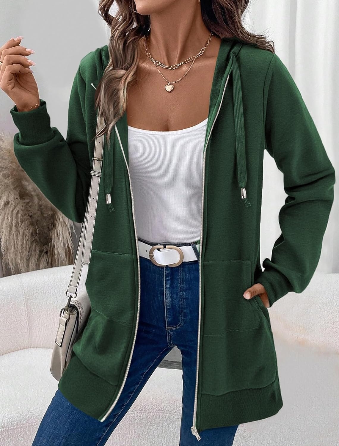 image:imageZeagoo Womens Zip Up Hoodies Long Tunic Sweatshirts Oversized Fleece Casual Long Sleeve 2026 Fall Hoodie Jacket CoatGreen