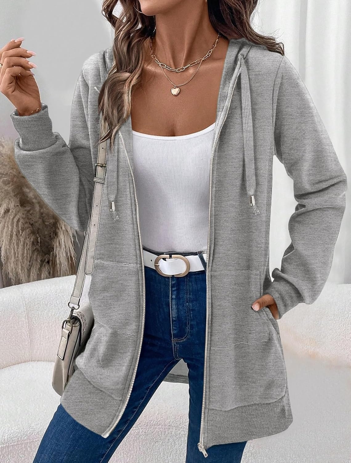 image:imageZeagoo Womens Zip Up Hoodies Long Tunic Sweatshirts Oversized Fleece Casual Long Sleeve 2026 Fall Hoodie Jacket CoatGrey