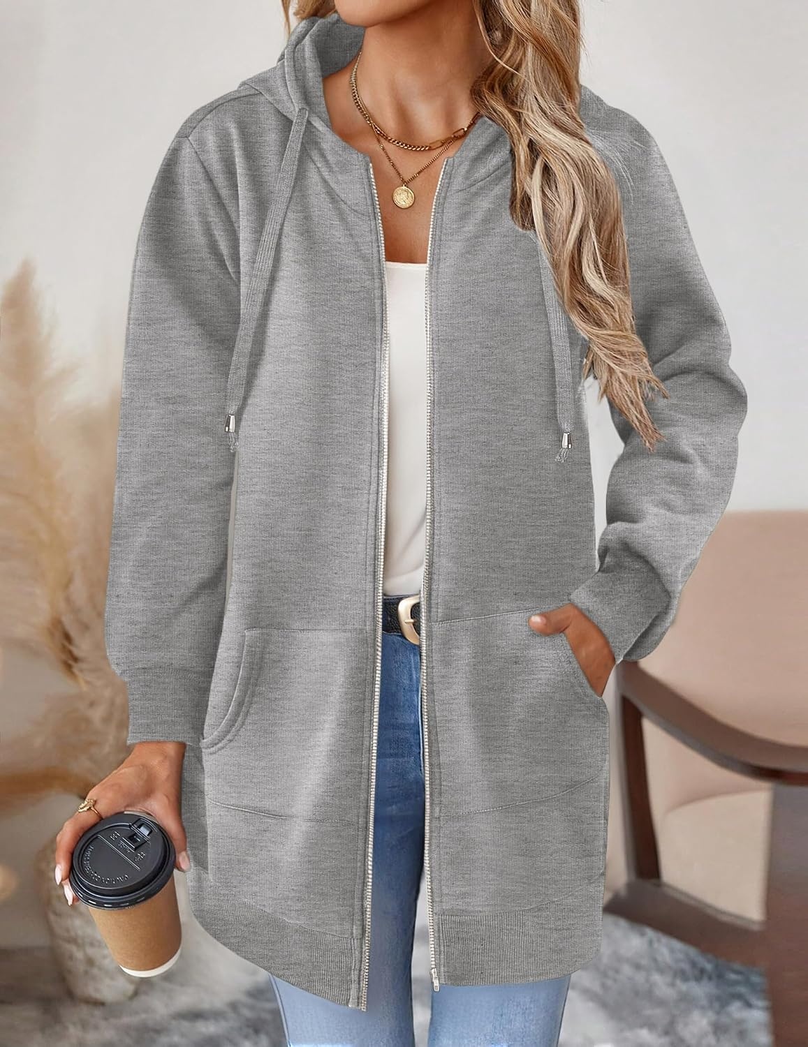 image:imageZeagoo Womens Zip Up Hoodies Long Tunic Sweatshirts Oversized Fleece Casual Long Sleeve 2026 Fall Hoodie Jacket CoatGrey