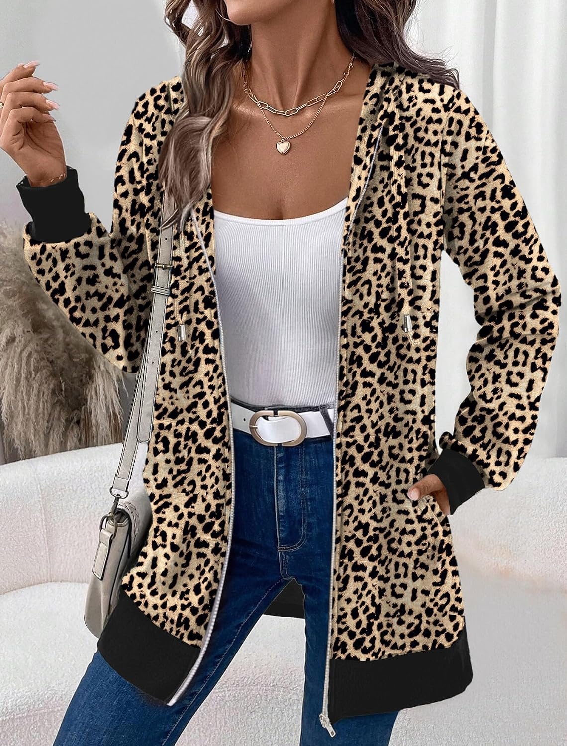 image:imageZeagoo Womens Zip Up Hoodies Long Tunic Sweatshirts Oversized Fleece Casual Long Sleeve 2026 Fall Hoodie Jacket CoatLeopard Print