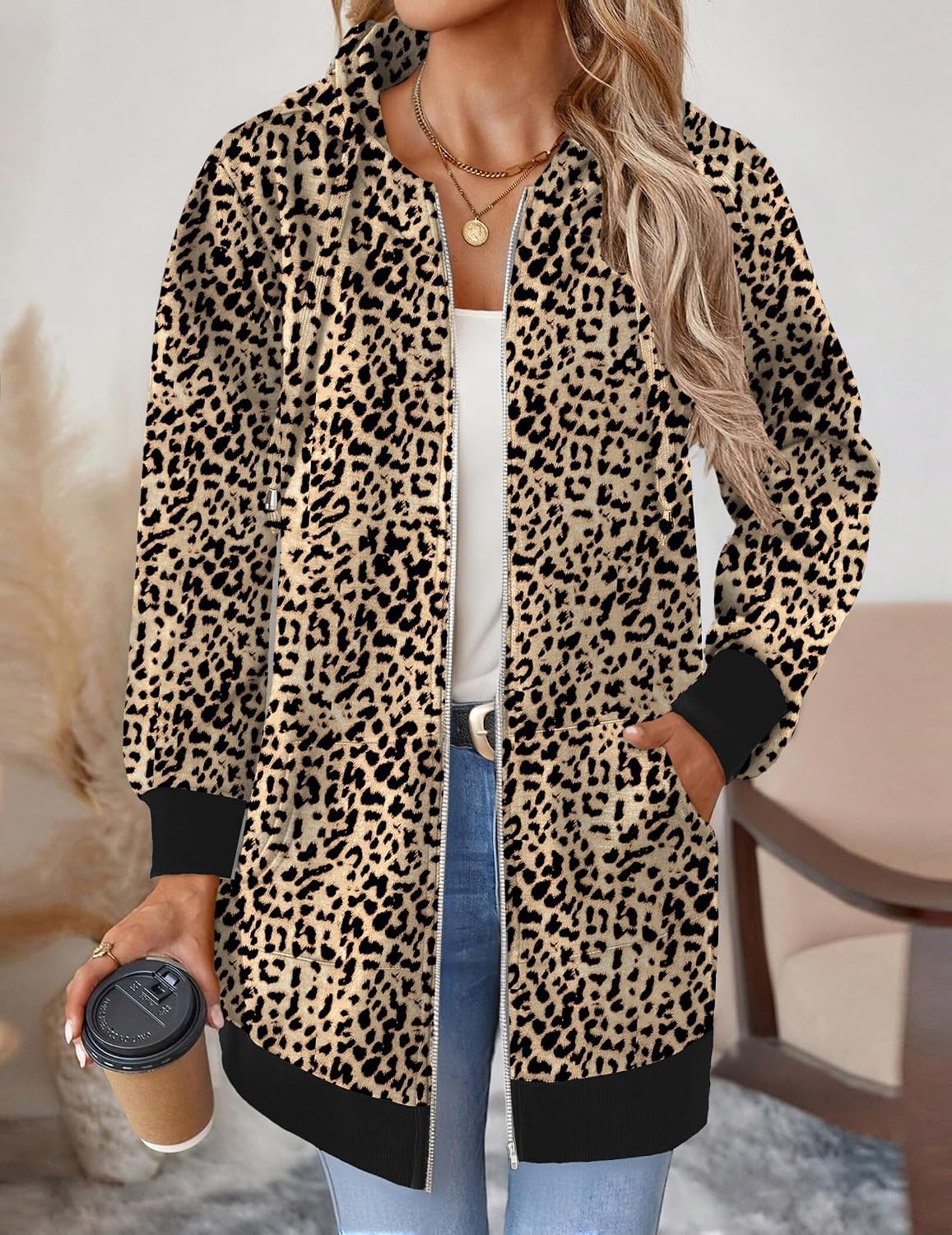 image:imageZeagoo Womens Zip Up Hoodies Long Tunic Sweatshirts Oversized Fleece Casual Long Sleeve 2026 Fall Hoodie Jacket CoatLeopard Print