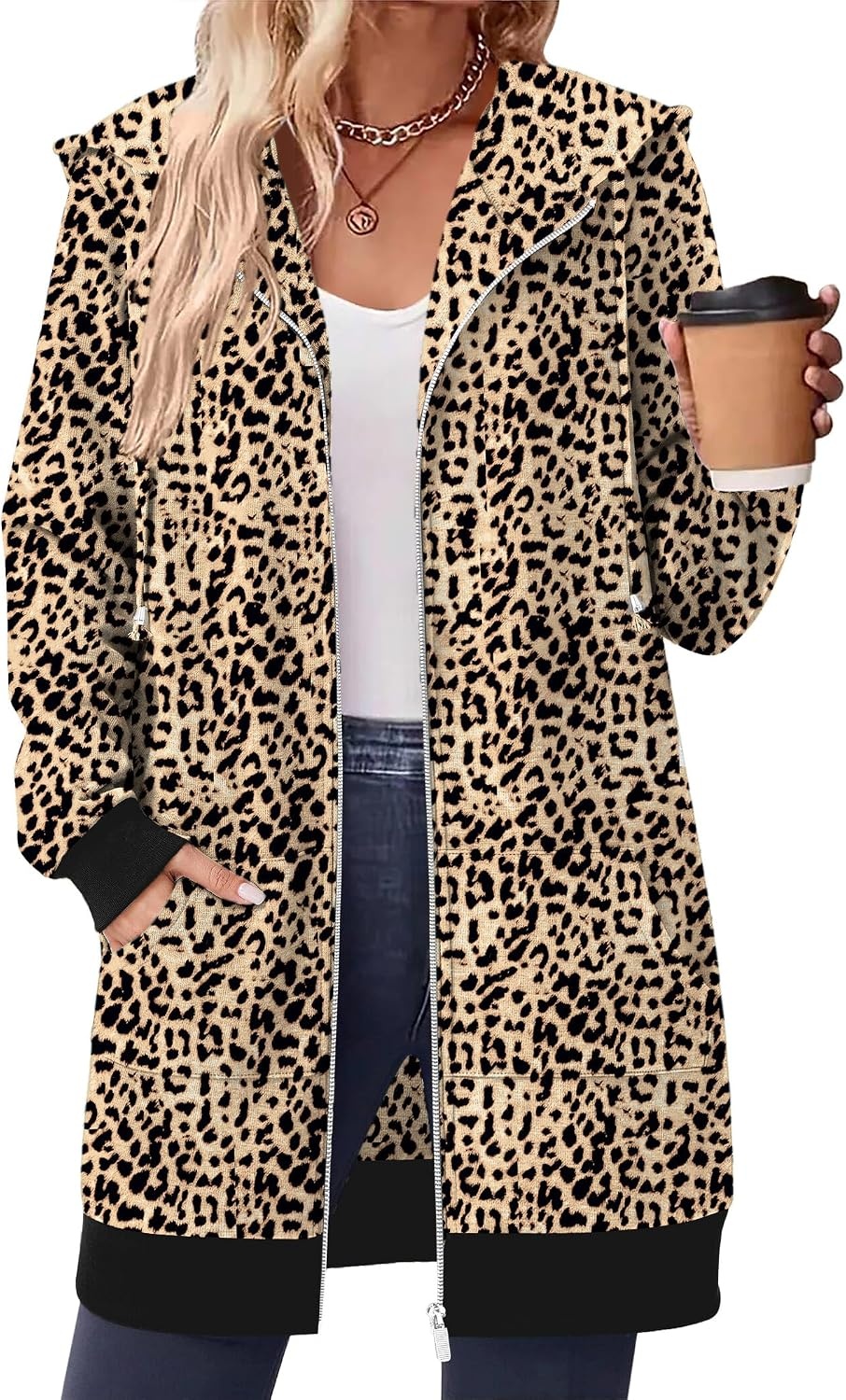 image:imageZeagoo Womens Zip Up Hoodies Long Tunic Sweatshirts Oversized Fleece Casual Long Sleeve 2026 Fall Hoodie Jacket CoatLeopard Print