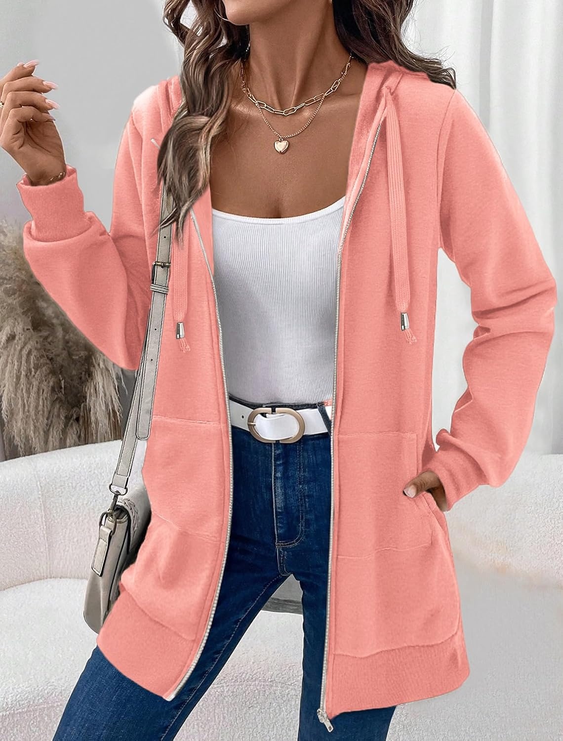 image:imageZeagoo Womens Zip Up Hoodies Long Tunic Sweatshirts Oversized Fleece Casual Long Sleeve 2026 Fall Hoodie Jacket CoatPink