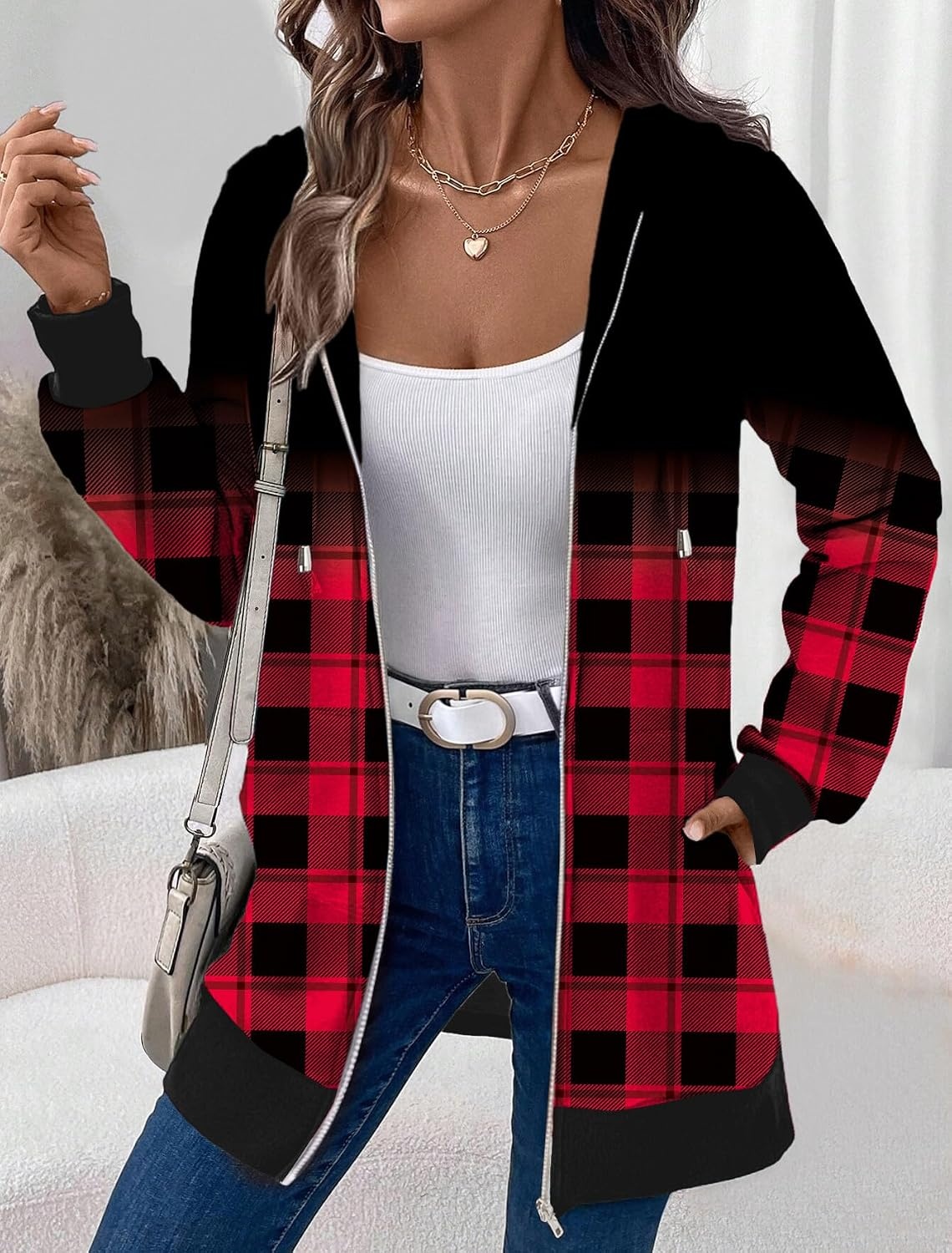 image:imageZeagoo Womens Zip Up Hoodies Long Tunic Sweatshirts Oversized Fleece Casual Long Sleeve 2026 Fall Hoodie Jacket CoatPlaidprint