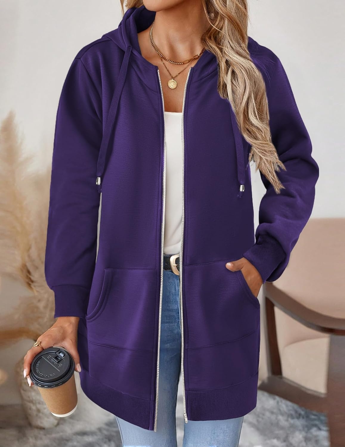 image:imageZeagoo Womens Zip Up Hoodies Long Tunic Sweatshirts Oversized Fleece Casual Long Sleeve 2026 Fall Hoodie Jacket CoatPurple
