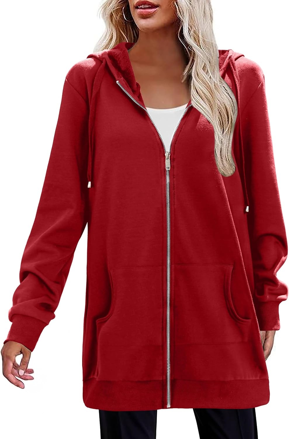 image:imageZeagoo Womens Zip Up Hoodies Long Tunic Sweatshirts Oversized Fleece Casual Long Sleeve 2026 Fall Hoodie Jacket CoatRed