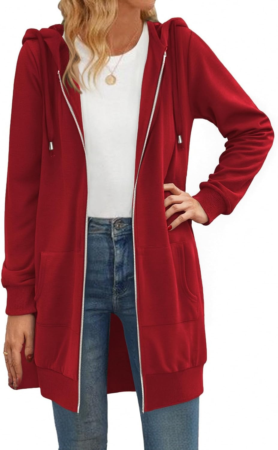 image:imageZeagoo Womens Zip Up Hoodies Long Tunic Sweatshirts Oversized Fleece Casual Long Sleeve 2026 Fall Hoodie Jacket CoatRed