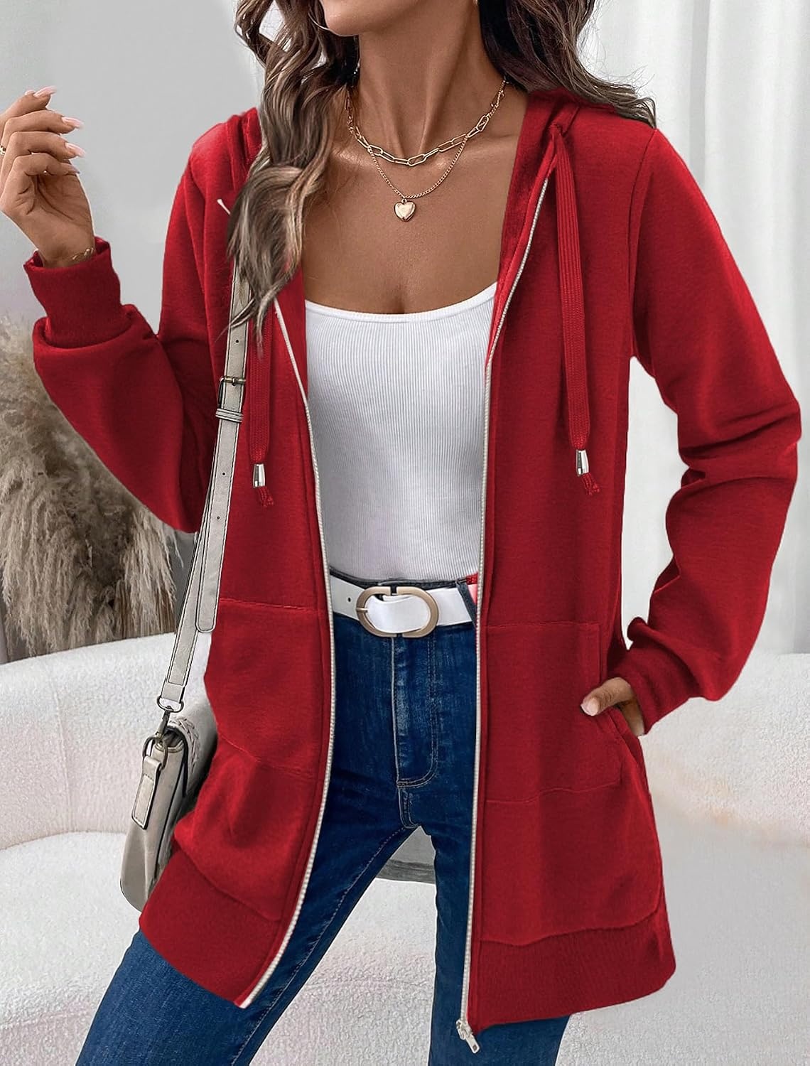 image:imageZeagoo Womens Zip Up Hoodies Long Tunic Sweatshirts Oversized Fleece Casual Long Sleeve 2026 Fall Hoodie Jacket CoatRed