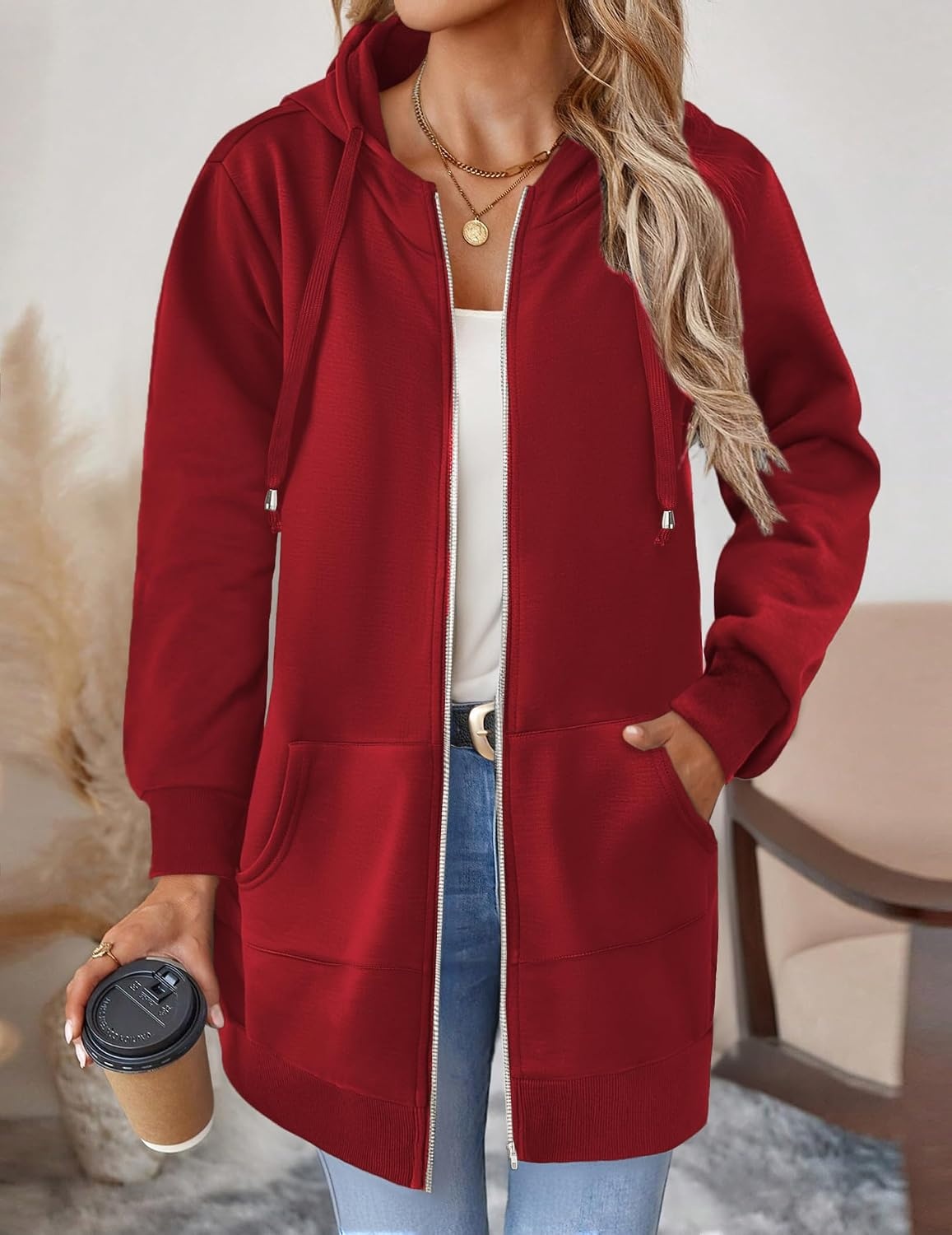 image:imageZeagoo Womens Zip Up Hoodies Long Tunic Sweatshirts Oversized Fleece Casual Long Sleeve 2026 Fall Hoodie Jacket CoatRed