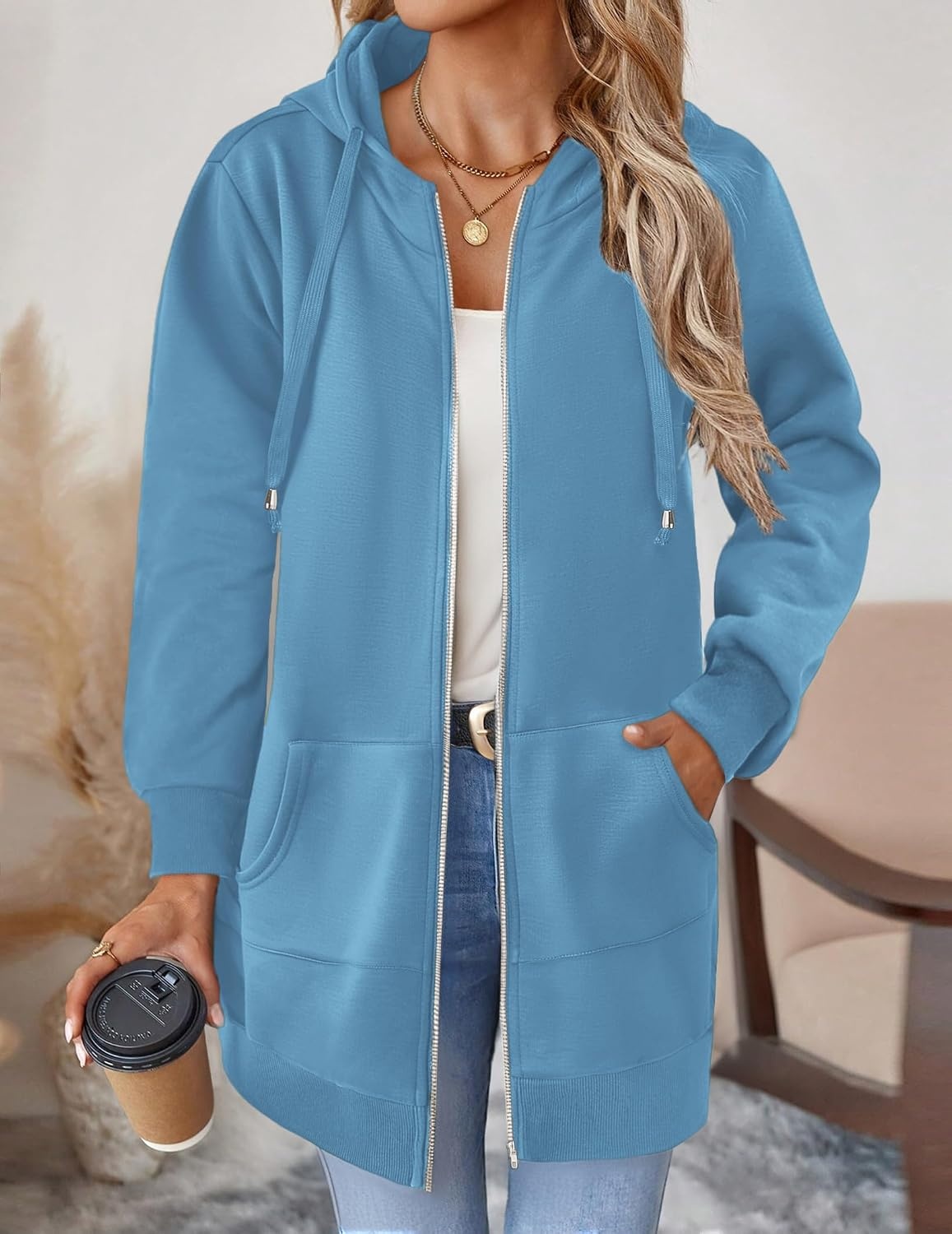 image:imageZeagoo Womens Zip Up Hoodies Long Tunic Sweatshirts Oversized Fleece Casual Long Sleeve 2026 Fall Hoodie Jacket CoatSky Blue