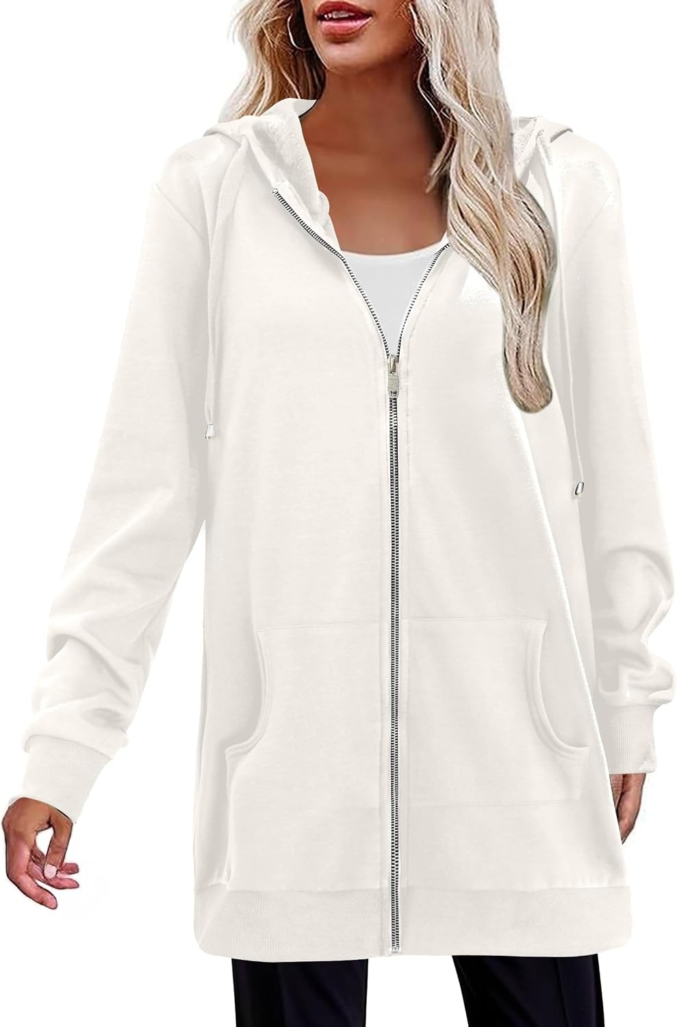 image:imageZeagoo Womens Zip Up Hoodies Long Tunic Sweatshirts Oversized Fleece Casual Long Sleeve 2026 Fall Hoodie Jacket CoatWhite