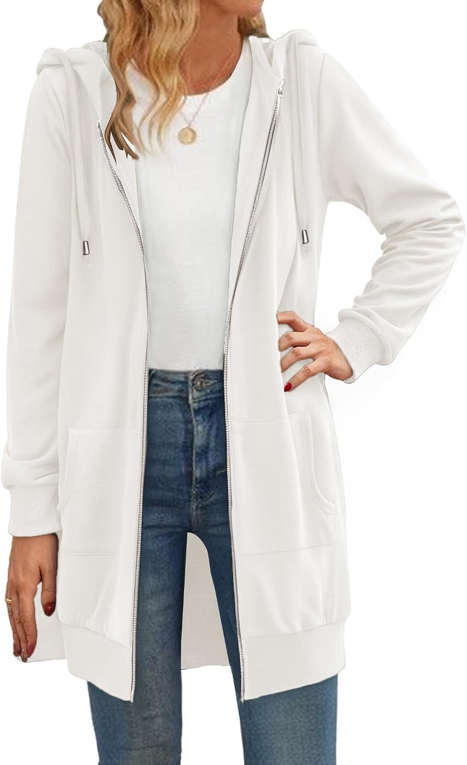 image:imageZeagoo Womens Zip Up Hoodies Long Tunic Sweatshirts Oversized Fleece Casual Long Sleeve 2026 Fall Hoodie Jacket CoatWhite