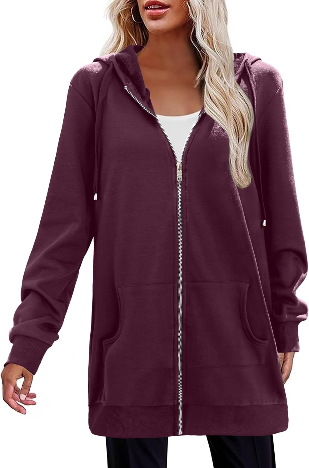 image:imageZeagoo Womens Zip Up Hoodies Long Tunic Sweatshirts Oversized Fleece Casual Long Sleeve 2026 Fall Hoodie Jacket CoatWine Red