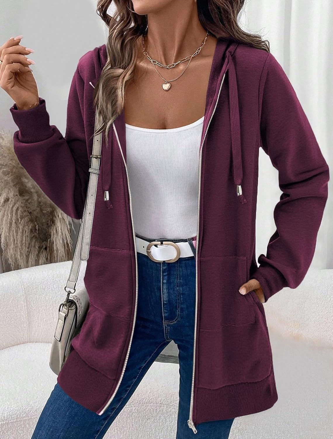 image:imageZeagoo Womens Zip Up Hoodies Long Tunic Sweatshirts Oversized Fleece Casual Long Sleeve 2026 Fall Hoodie Jacket CoatWine Red