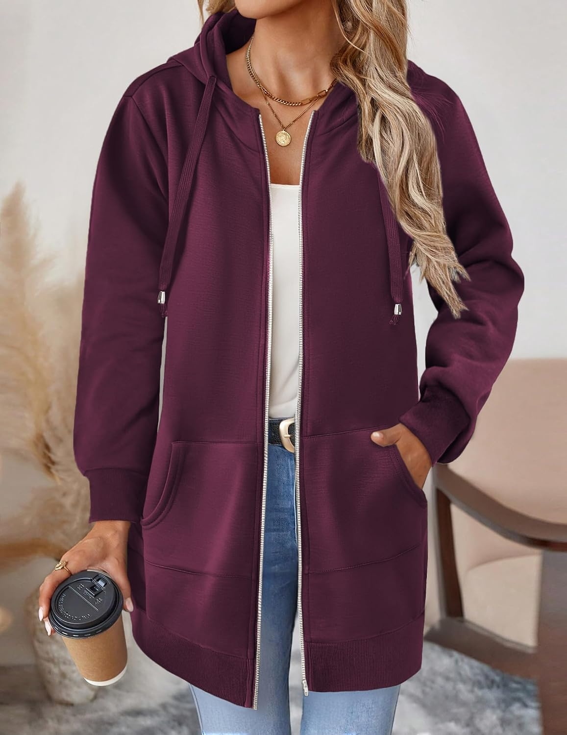 image:imageZeagoo Womens Zip Up Hoodies Long Tunic Sweatshirts Oversized Fleece Casual Long Sleeve 2026 Fall Hoodie Jacket CoatWine Red