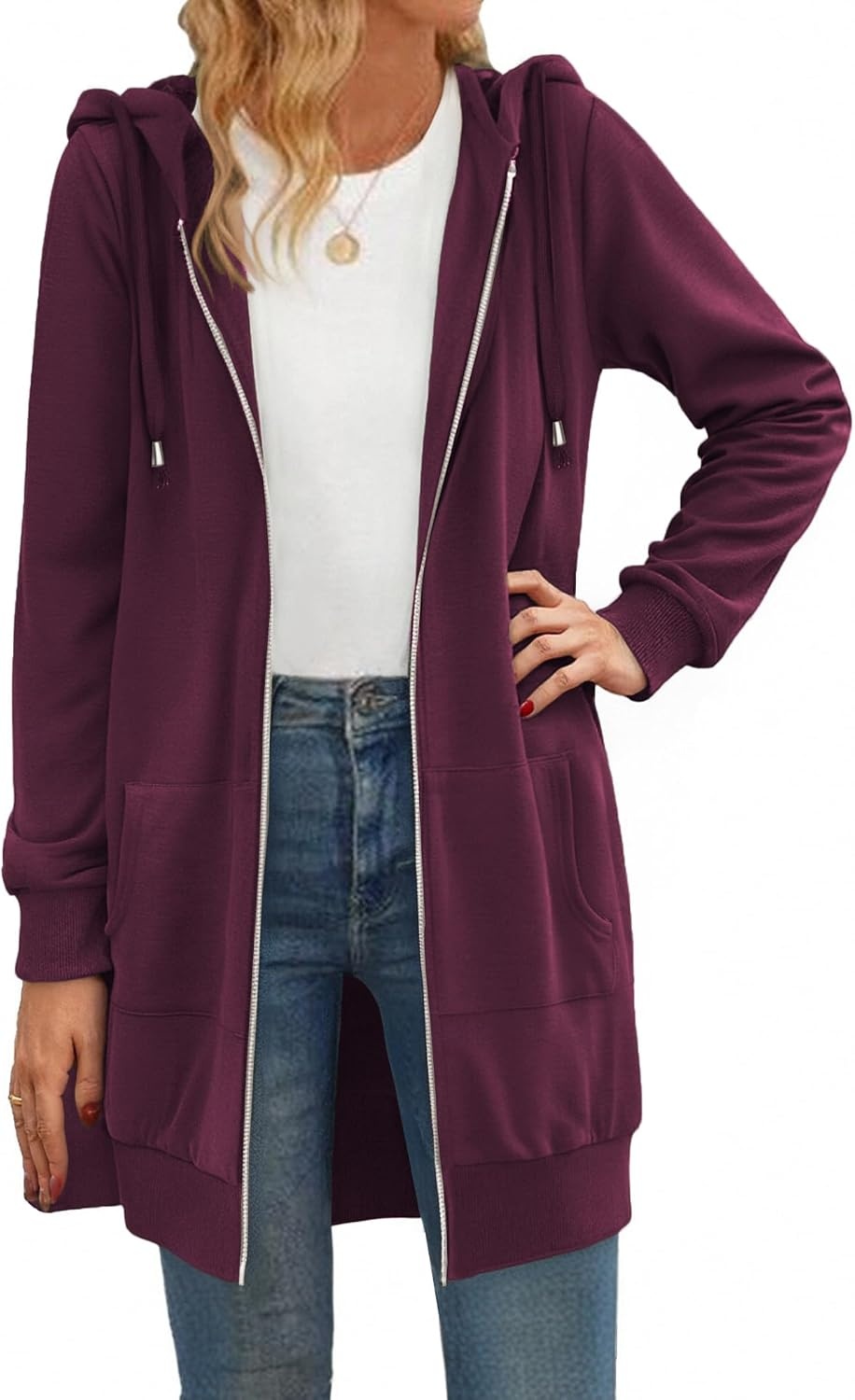 image:imageZeagoo Womens Zip Up Hoodies Long Tunic Sweatshirts Oversized Fleece Casual Long Sleeve 2026 Fall Hoodie Jacket CoatWine Red