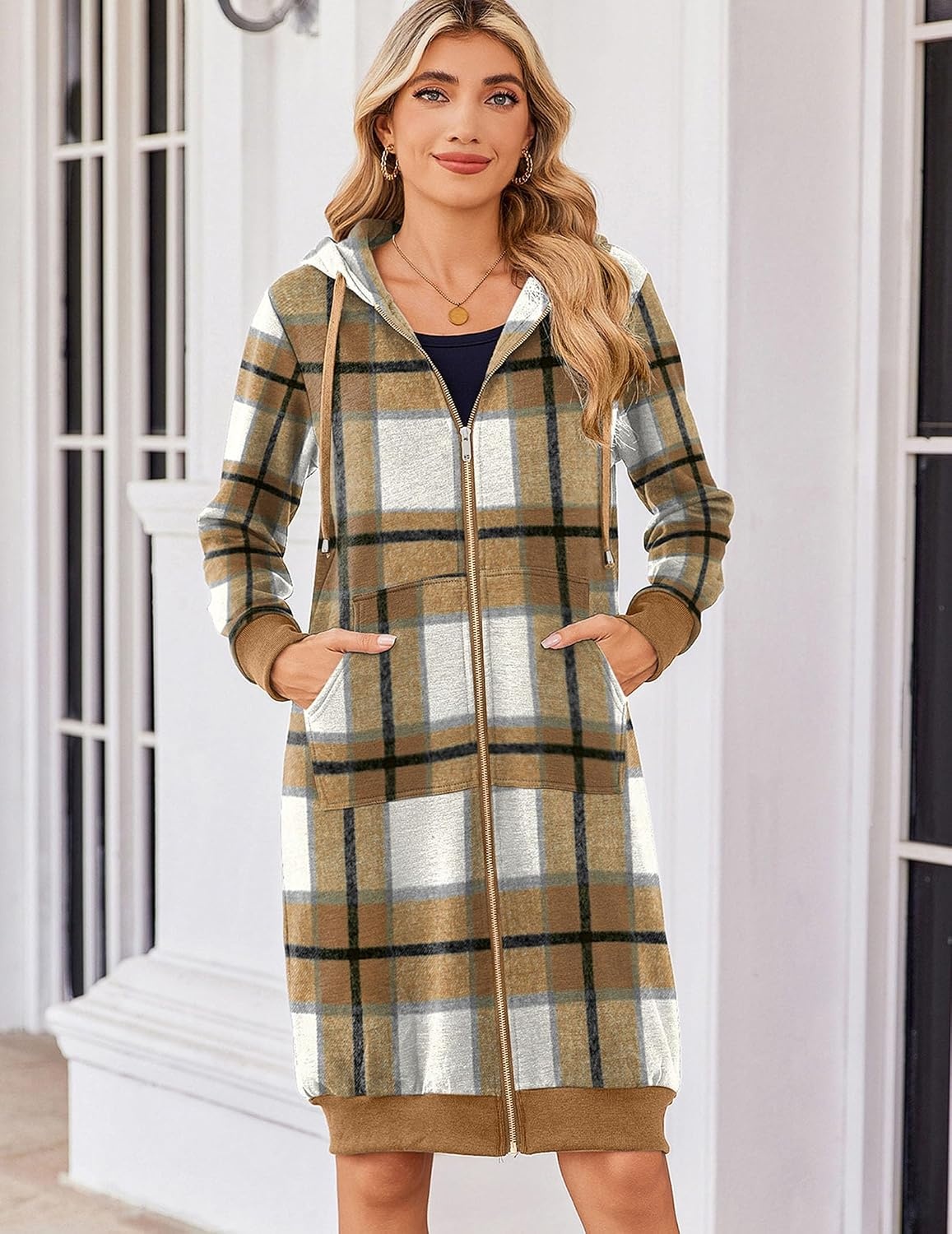 image:imageZeagoo Womens Zip Up Hoodies Oversized Fleece Long Tunic Sweatshirts Casual Long Sleeve 2026 Fall Hoodie Jacket Coat02 Check Pattern