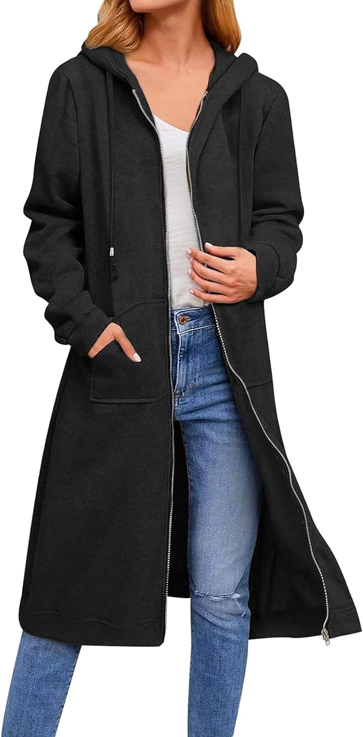 image:imageZeagoo Womens Zip Up Hoodies Oversized Fleece Long Tunic Sweatshirts Casual Long Sleeve 2026 Fall Hoodie Jacket CoatAblack