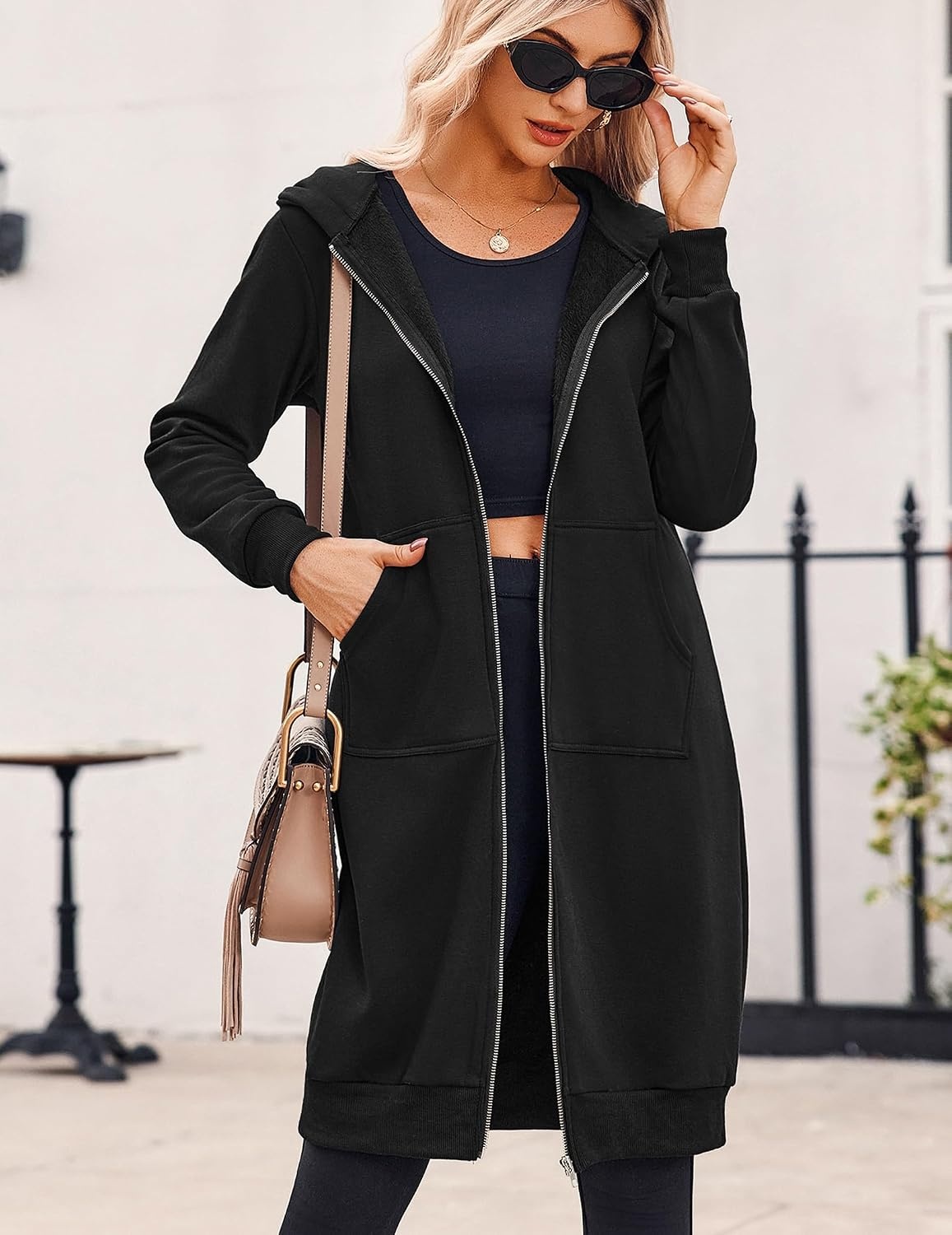 image:imageZeagoo Womens Zip Up Hoodies Oversized Fleece Long Tunic Sweatshirts Casual Long Sleeve 2026 Fall Hoodie Jacket CoatAblack