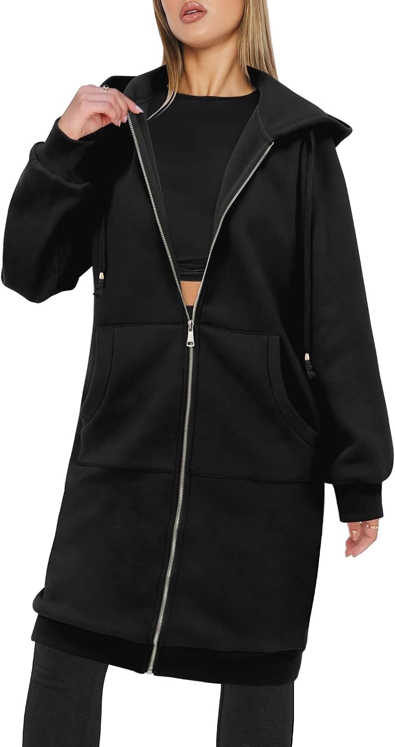 image:imageZeagoo Womens Zip Up Hoodies Oversized Fleece Long Tunic Sweatshirts Casual Long Sleeve 2026 Fall Hoodie Jacket CoatAblack