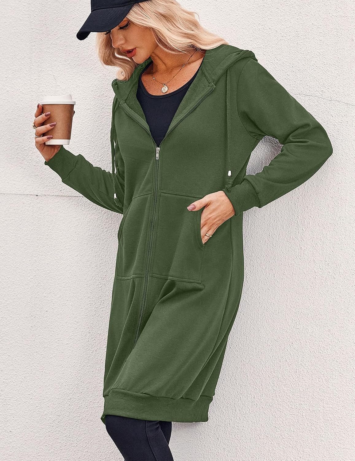 image:imageZeagoo Womens Zip Up Hoodies Oversized Fleece Long Tunic Sweatshirts Casual Long Sleeve 2026 Fall Hoodie Jacket CoatArmy Green