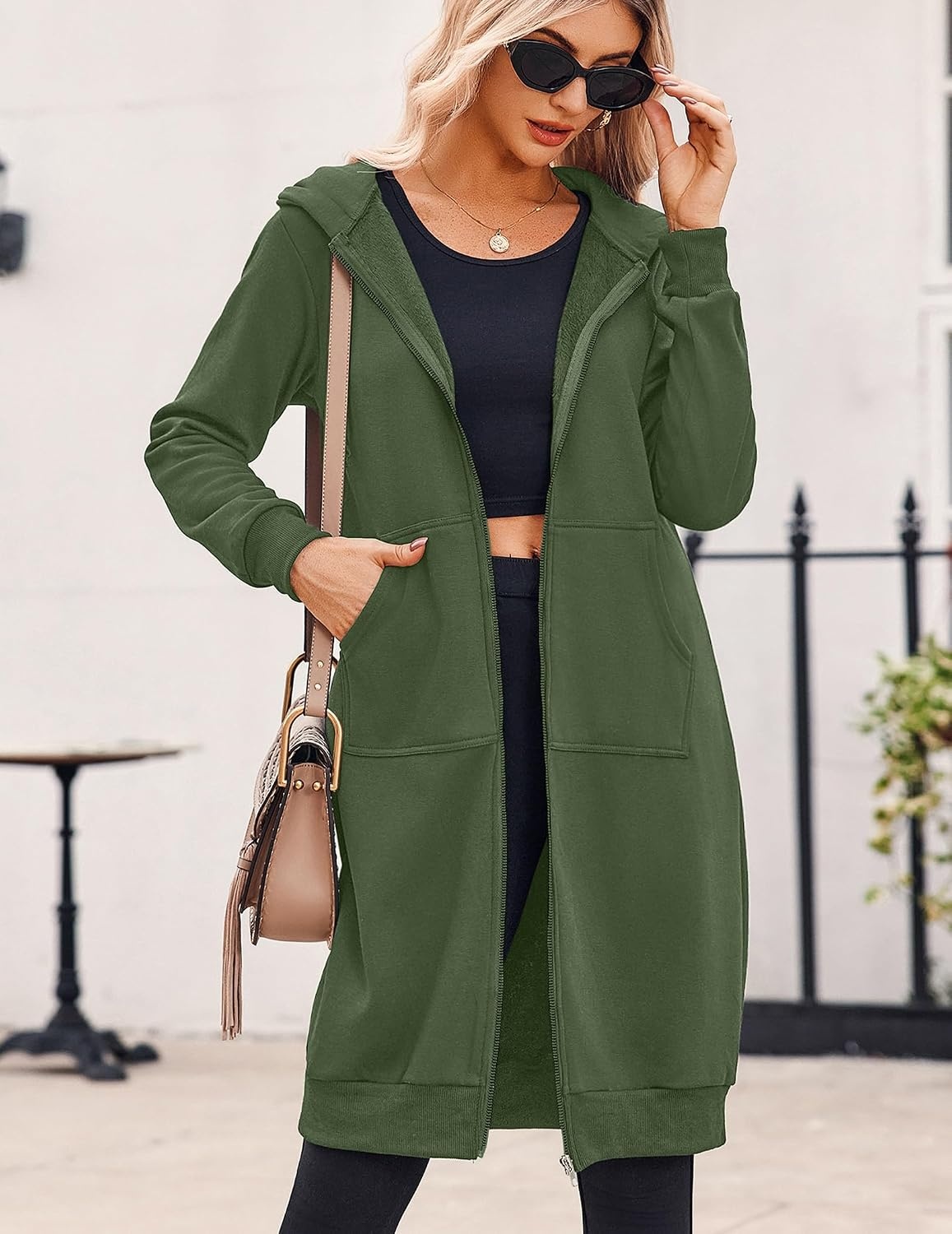 image:imageZeagoo Womens Zip Up Hoodies Oversized Fleece Long Tunic Sweatshirts Casual Long Sleeve 2026 Fall Hoodie Jacket CoatArmy Green