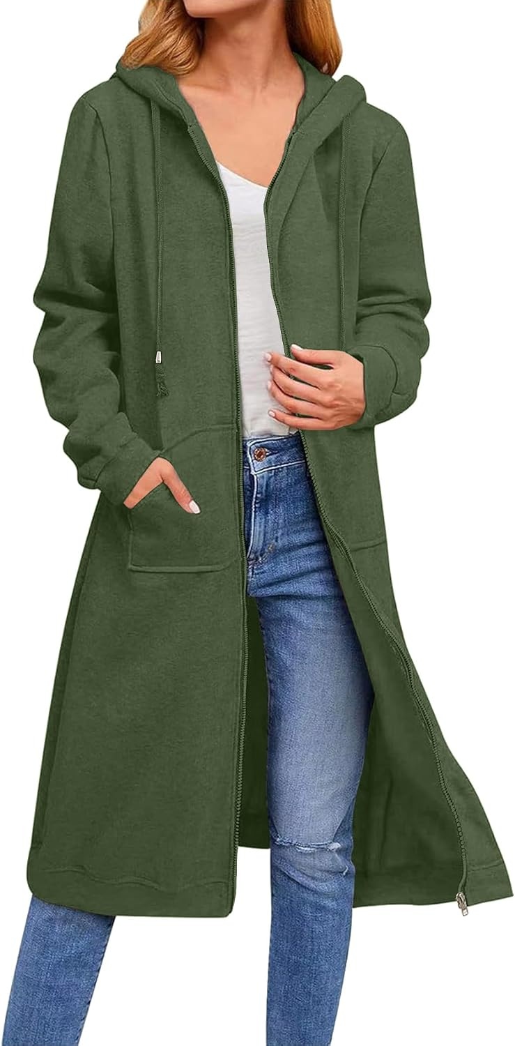 image:imageZeagoo Womens Zip Up Hoodies Oversized Fleece Long Tunic Sweatshirts Casual Long Sleeve 2026 Fall Hoodie Jacket CoatArmy Green