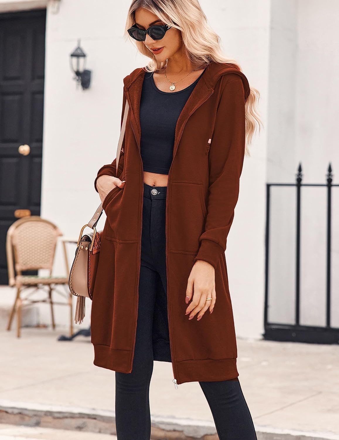image:imageZeagoo Womens Zip Up Hoodies Oversized Fleece Long Tunic Sweatshirts Casual Long Sleeve 2026 Fall Hoodie Jacket CoatBrown