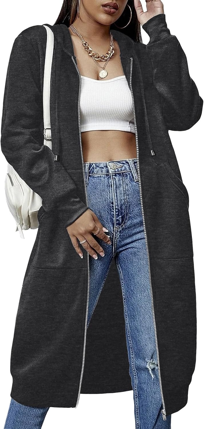 image:imageZeagoo Womens Zip Up Hoodies Oversized Fleece Long Tunic Sweatshirts Casual Long Sleeve 2026 Fall Hoodie Jacket CoatDark Grey