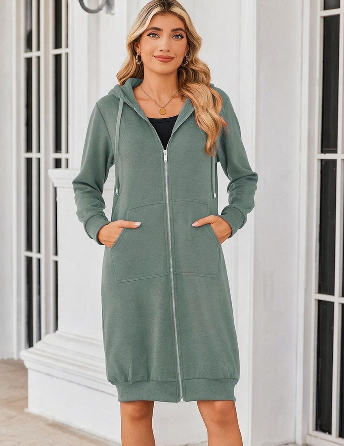 image:imageZeagoo Womens Zip Up Hoodies Oversized Fleece Long Tunic Sweatshirts Casual Long Sleeve 2026 Fall Hoodie Jacket CoatGrey Green