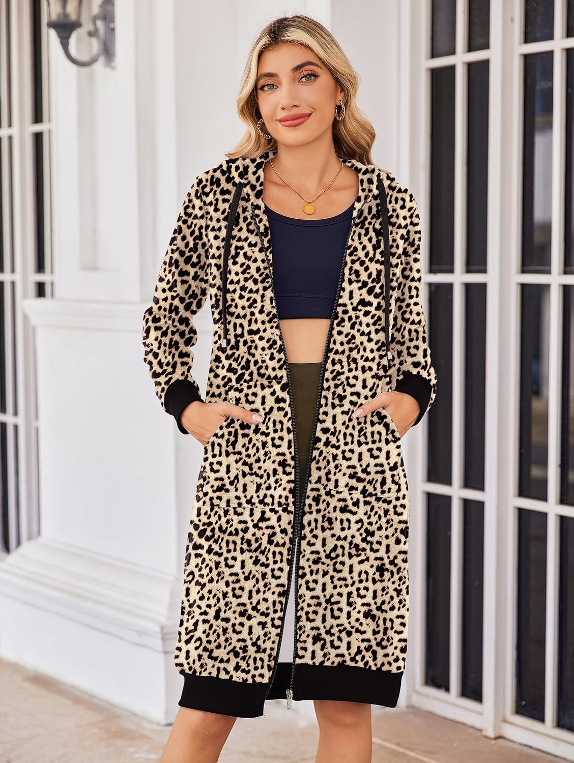 image:imageZeagoo Womens Zip Up Hoodies Oversized Fleece Long Tunic Sweatshirts Casual Long Sleeve 2026 Fall Hoodie Jacket CoatLeopard Print