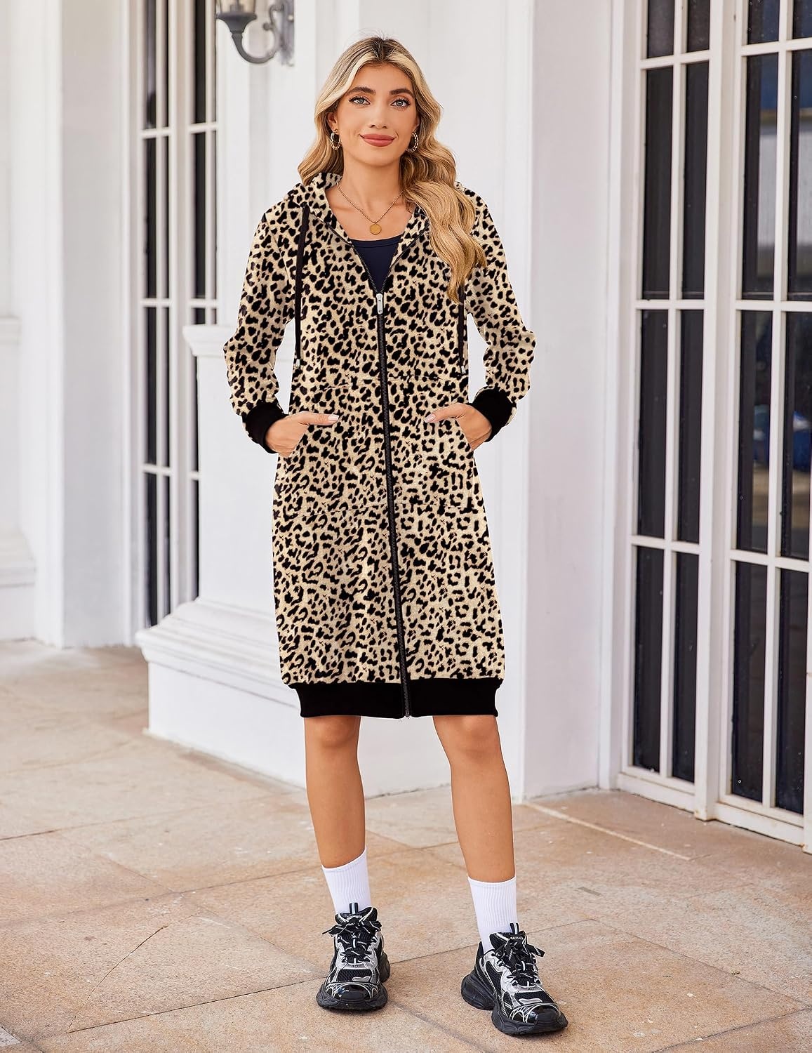 image:imageZeagoo Womens Zip Up Hoodies Oversized Fleece Long Tunic Sweatshirts Casual Long Sleeve 2026 Fall Hoodie Jacket CoatLeopard Print