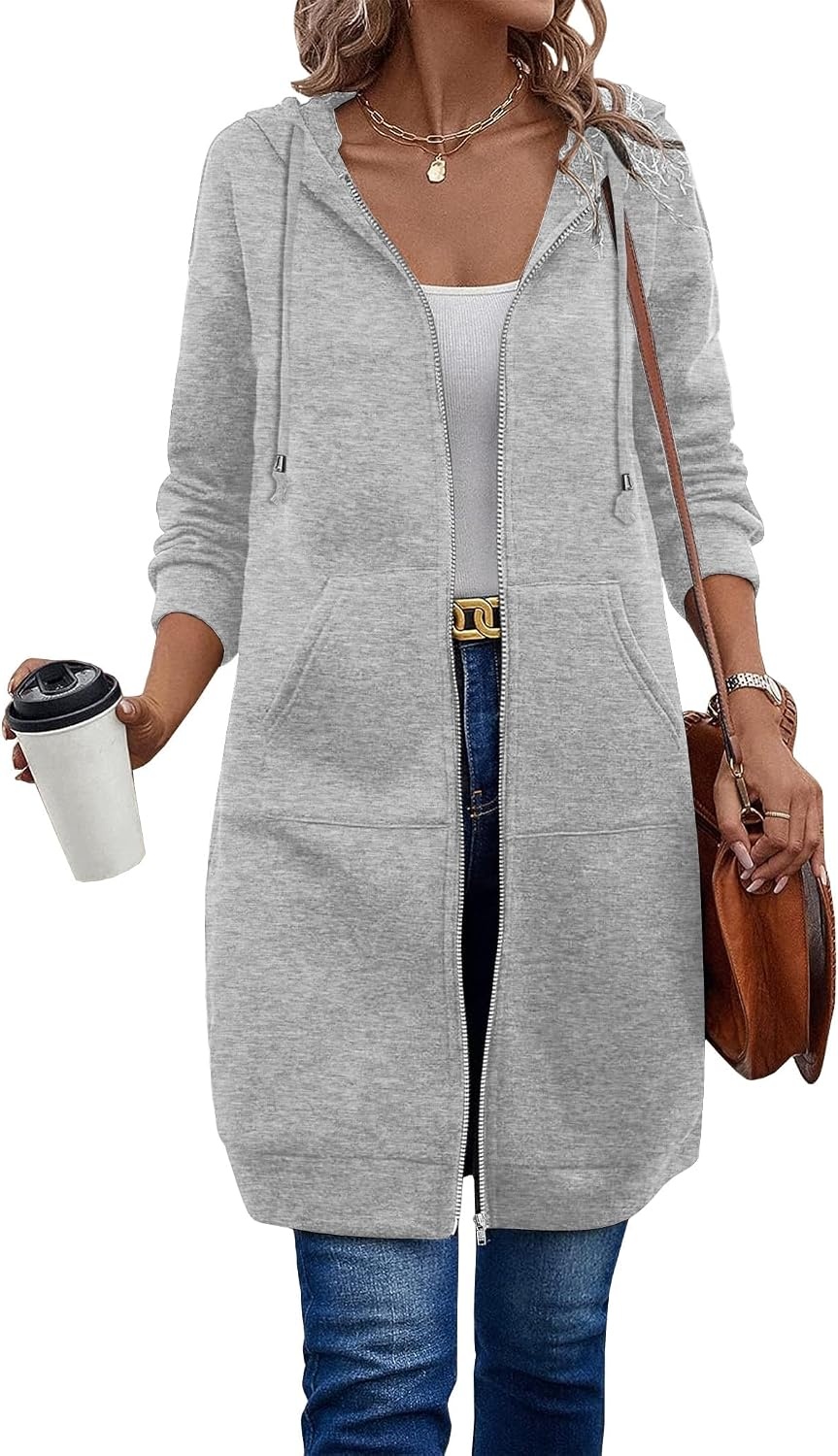 image:imageZeagoo Womens Zip Up Hoodies Oversized Fleece Long Tunic Sweatshirts Casual Long Sleeve 2026 Fall Hoodie Jacket CoatLight Grey