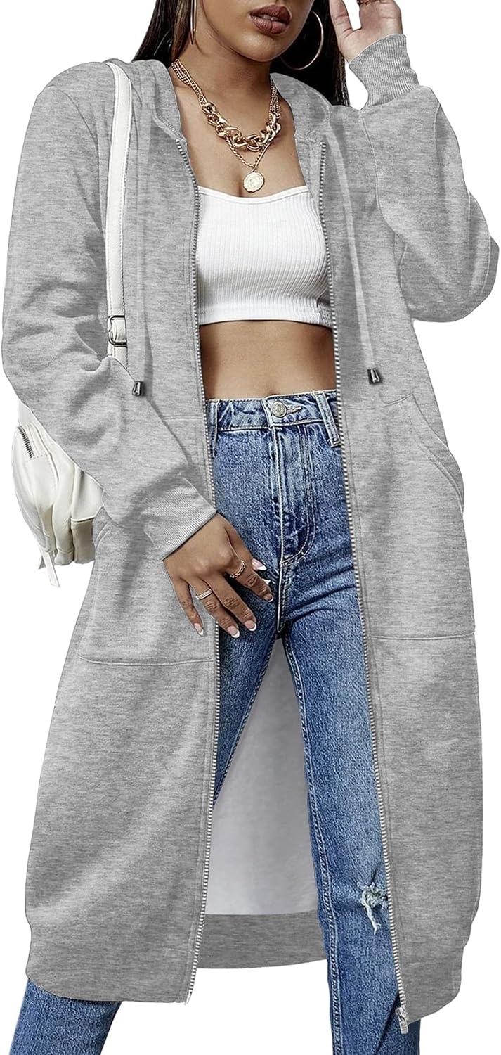 image:imageZeagoo Womens Zip Up Hoodies Oversized Fleece Long Tunic Sweatshirts Casual Long Sleeve 2026 Fall Hoodie Jacket CoatLight Grey