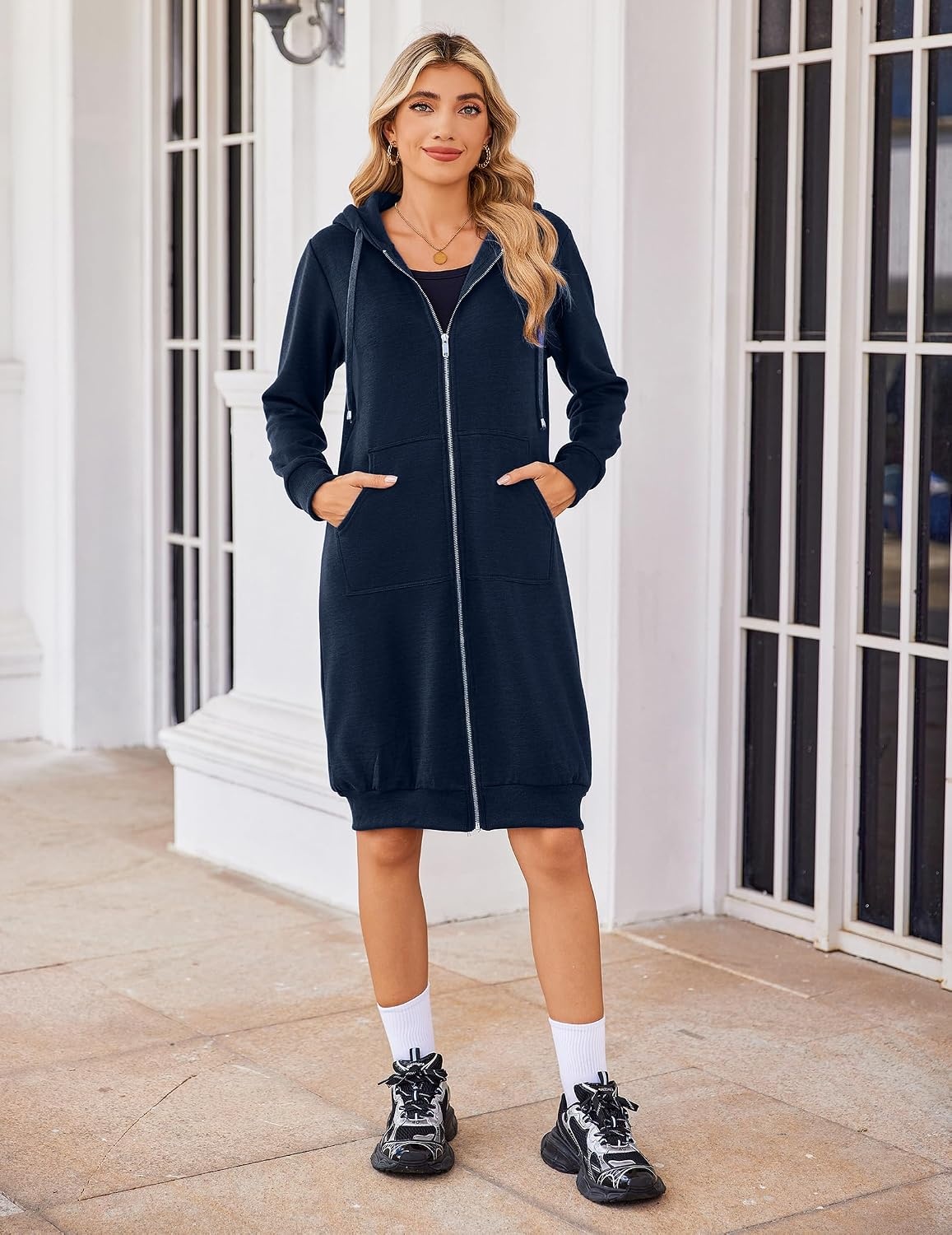 image:imageZeagoo Womens Zip Up Hoodies Oversized Fleece Long Tunic Sweatshirts Casual Long Sleeve 2026 Fall Hoodie Jacket CoatNavy