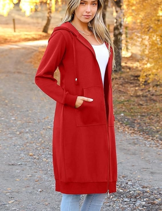 image:imageZeagoo Womens Zip Up Hoodies Oversized Fleece Long Tunic Sweatshirts Casual Long Sleeve 2026 Fall Hoodie Jacket CoatRed