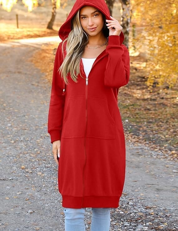 image:imageZeagoo Womens Zip Up Hoodies Oversized Fleece Long Tunic Sweatshirts Casual Long Sleeve 2026 Fall Hoodie Jacket CoatRed