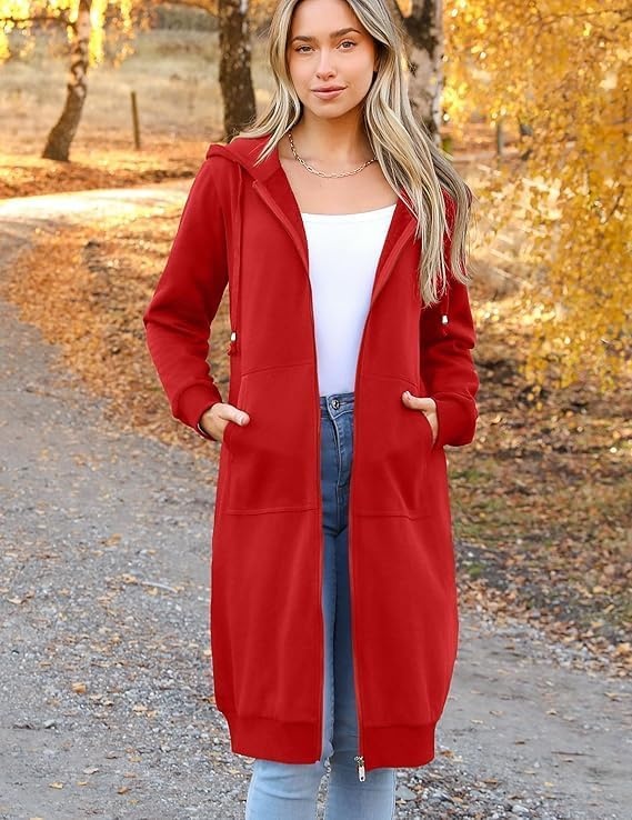 image:imageZeagoo Womens Zip Up Hoodies Oversized Fleece Long Tunic Sweatshirts Casual Long Sleeve 2026 Fall Hoodie Jacket CoatRed