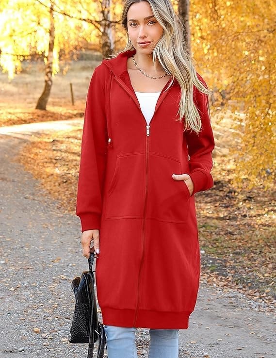 image:imageZeagoo Womens Zip Up Hoodies Oversized Fleece Long Tunic Sweatshirts Casual Long Sleeve 2026 Fall Hoodie Jacket CoatRed