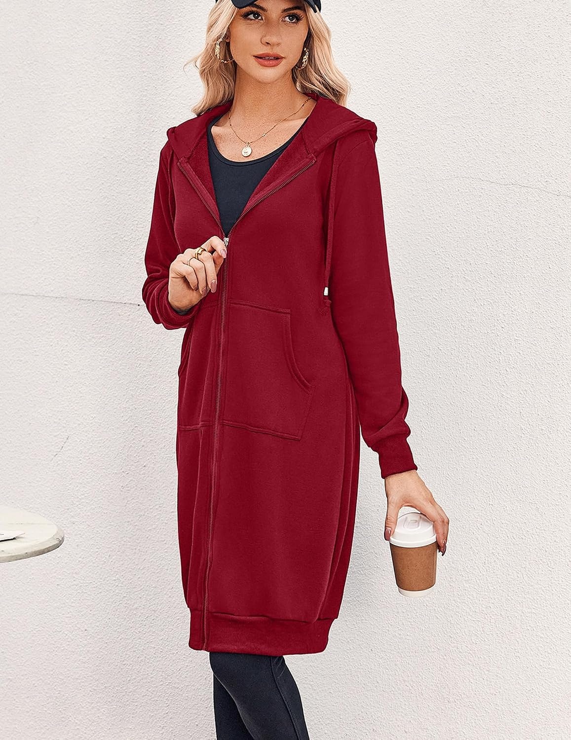 image:imageZeagoo Womens Zip Up Hoodies Oversized Fleece Long Tunic Sweatshirts Casual Long Sleeve 2026 Fall Hoodie Jacket CoatWine Red