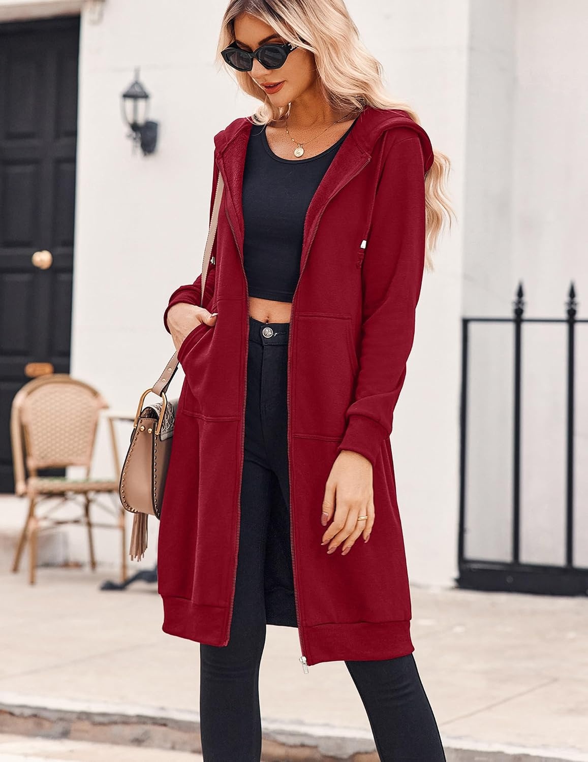 image:imageZeagoo Womens Zip Up Hoodies Oversized Fleece Long Tunic Sweatshirts Casual Long Sleeve 2026 Fall Hoodie Jacket CoatWine Red