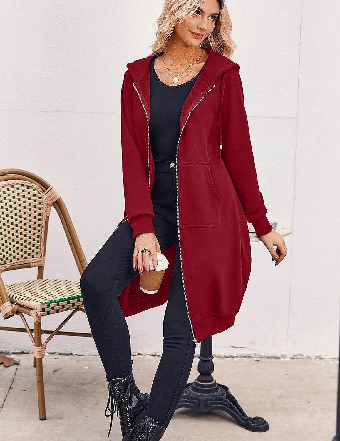 image:imageZeagoo Womens Zip Up Hoodies Oversized Fleece Long Tunic Sweatshirts Casual Long Sleeve 2026 Fall Hoodie Jacket CoatWine Red