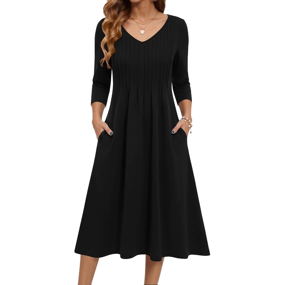 image:imageZeagoo 34 Sleeve Womens Dress Pleated Midi Casual Dresses with PocketsBlack